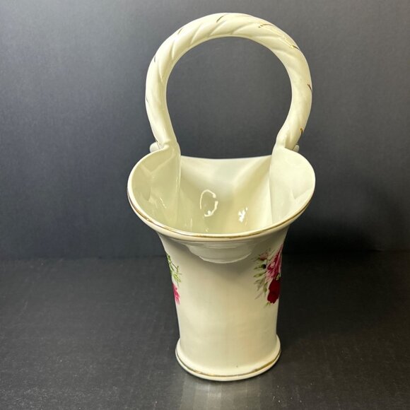 Vintage Formalities Porcelain Handle Basket Vase Roses w/Gold Trim By Baum Bros - Picture 3 of 7
